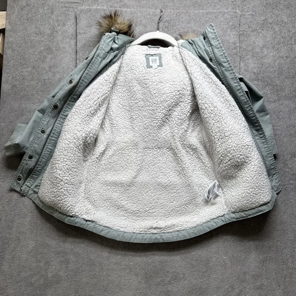 Gap Kids Sherpa-Lined Utility Parka Small‎ Sage Faux Fur Jacket Hooded Insulated